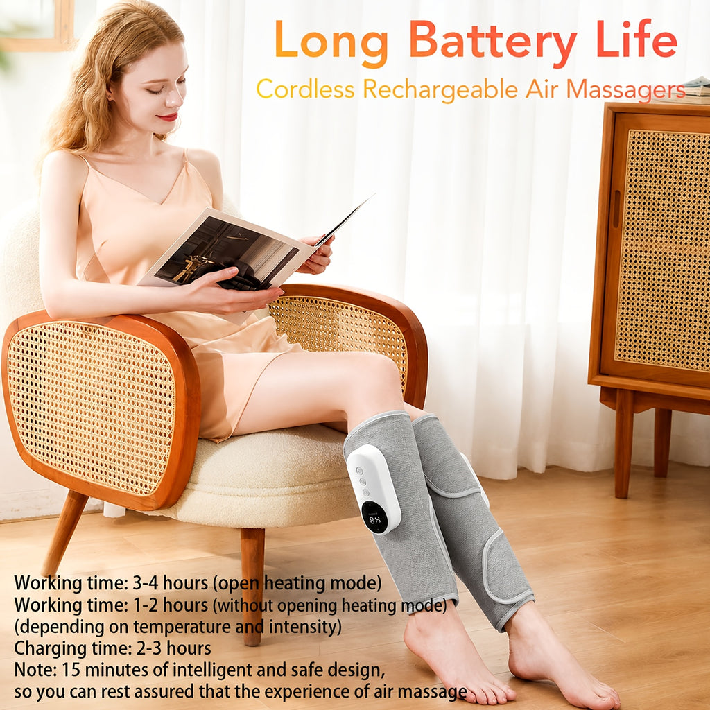 Grey Rechargeable Compression Leg Massager, One-Piece USB-Charging Device with Listed 2000mAh Battery, Three Intensity Levels and Three Temperature Settings