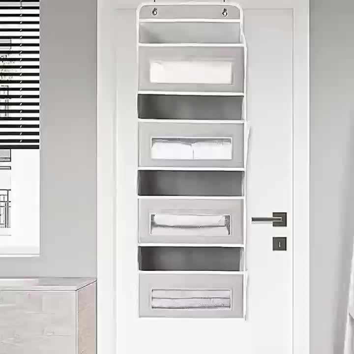 Four-Tier Fabric Door Organizer in Grey, Over-the-Door Pocket Storage for Bedroom Essentials, Bathroom Items and Closet Organization