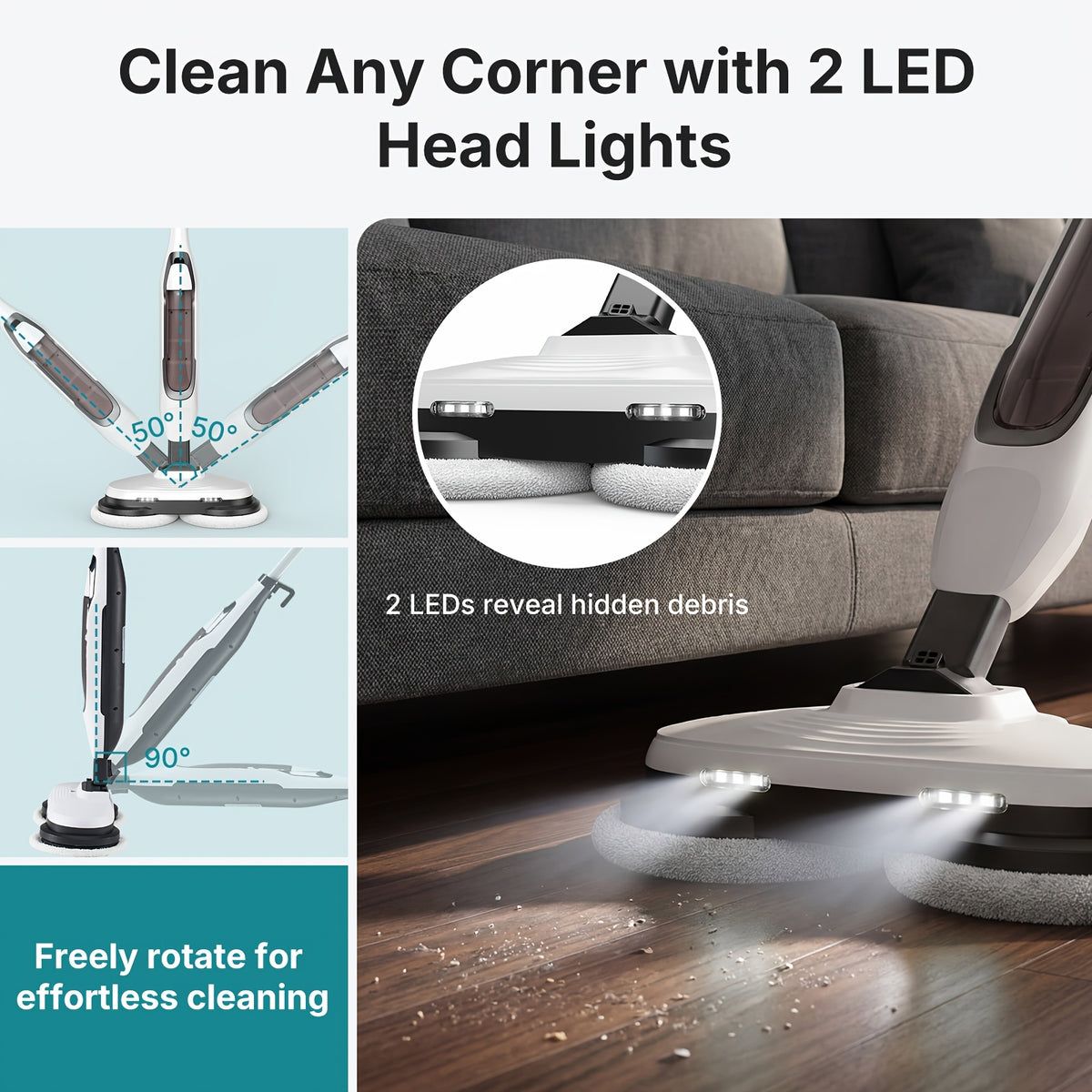 Dual Spin Steam Mop with Rotating Pads, Two LED Lights, Four Listed Modes and 16.4ft Power Cord for Compatible Floor Cleaning in White, Gray or Green