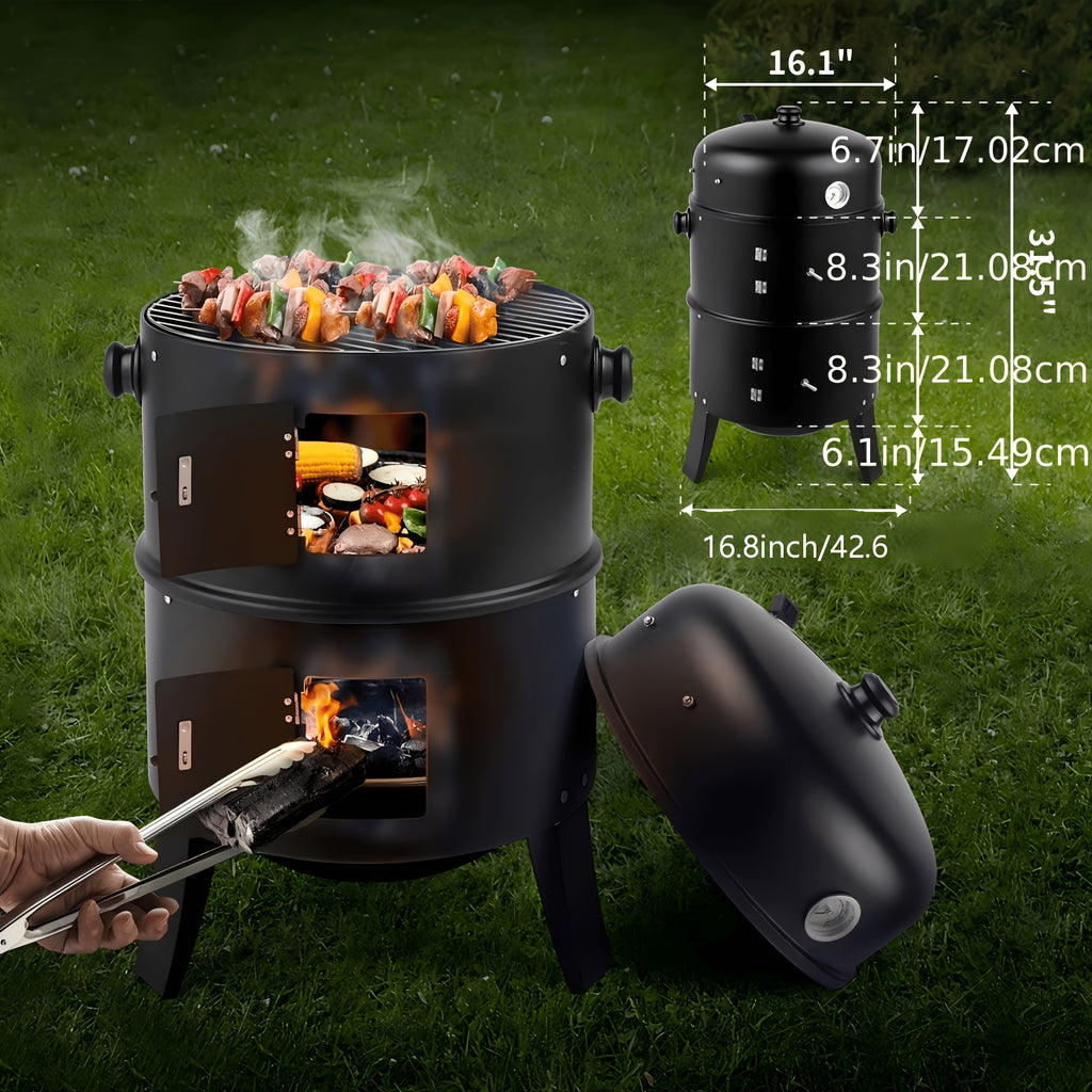 Portable Charcoal Smoker Grill with 3-in-1 Outdoor Cooking Design, Lid Thermometer, Adjustable Height and Top Air Vent, Black Standard or Upgrade Selection