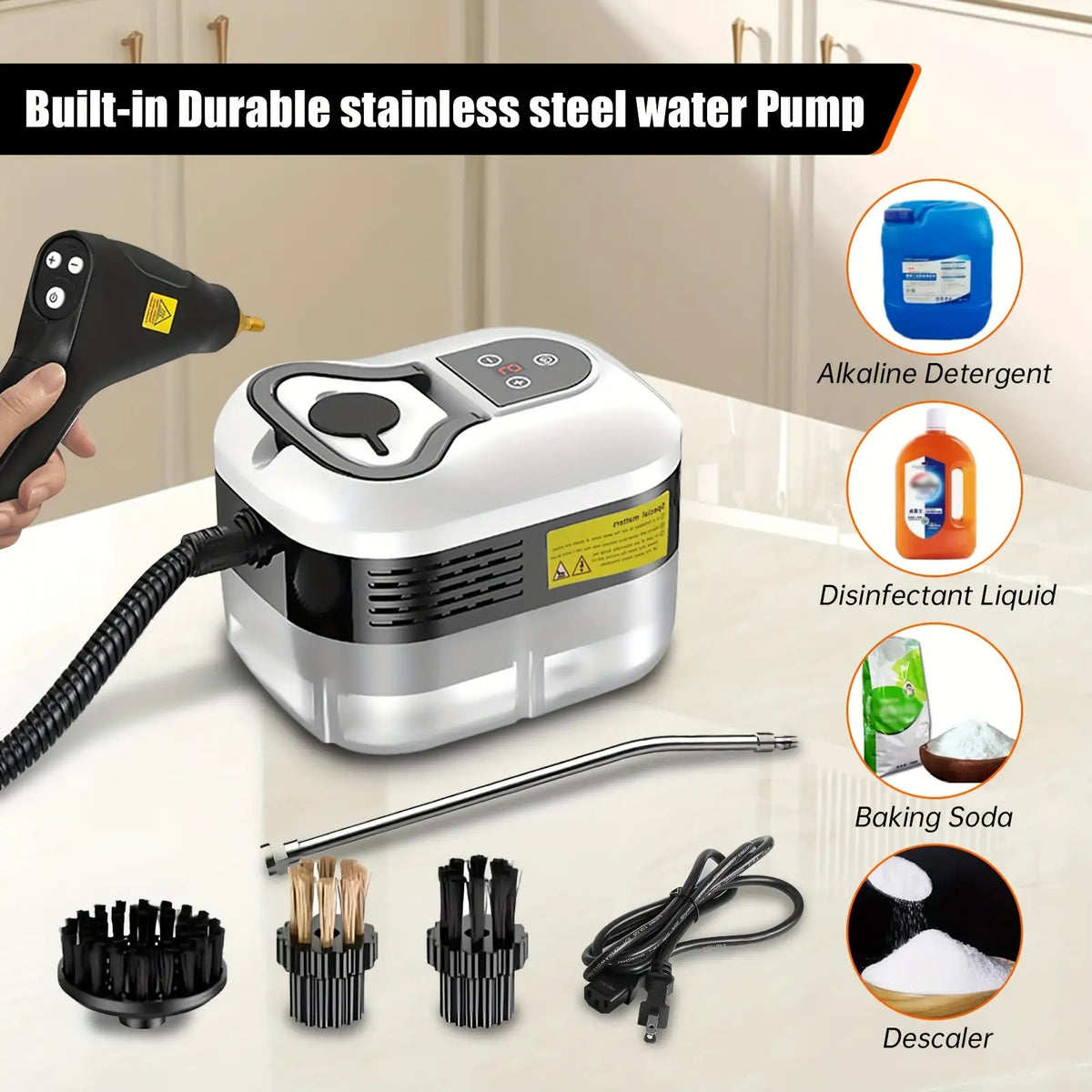 Steam Cleaner with Three Brush Heads, Portable High-Pressure Cleaning Machine in White Upgrade for Compatible Kitchen Surfaces, Bathroom Tile and Grout