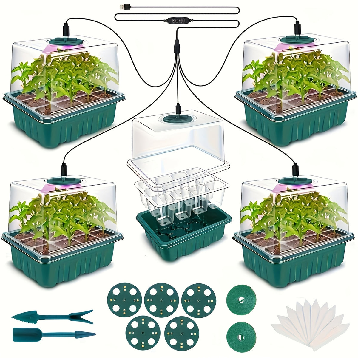 Seed Germination Tray Kit for Indoor Seed Starting with Adjustable LED Grow Light, Digital Timer and Humidity Dome, 5 Packs or Large-2Pack Options