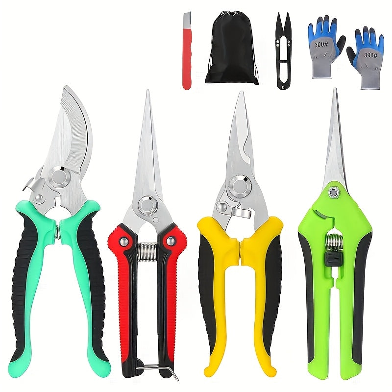 Garden Pruning Shears Set with Listed Stainless Steel Blades and Storage Bag, Five-Piece Tool Wording in Multicolor or Orange and Black for Plant Maintenance