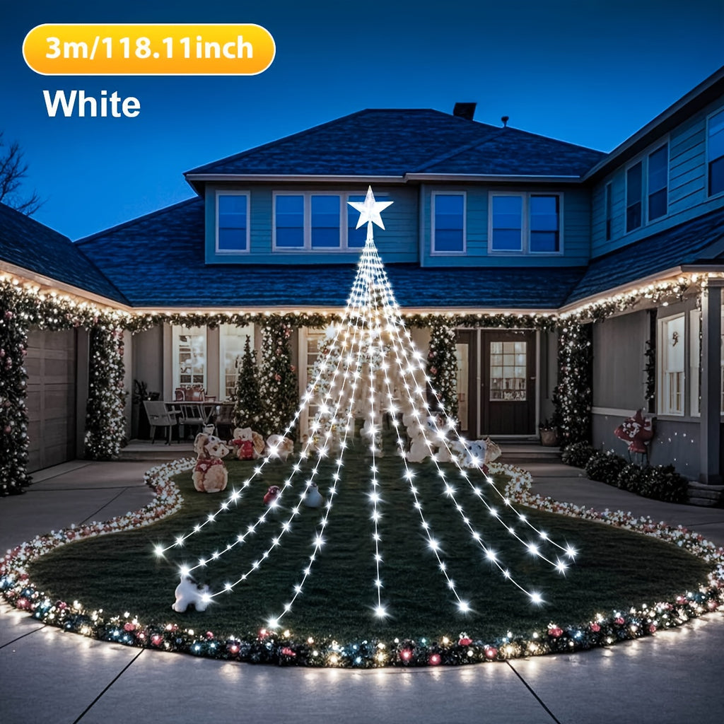 Solar Star Waterfall String Lights with White Color Label, 280LED-3M Model and Eight Listed Modes for Christmas, Garden Wedding and Seasonal Decorative Displays