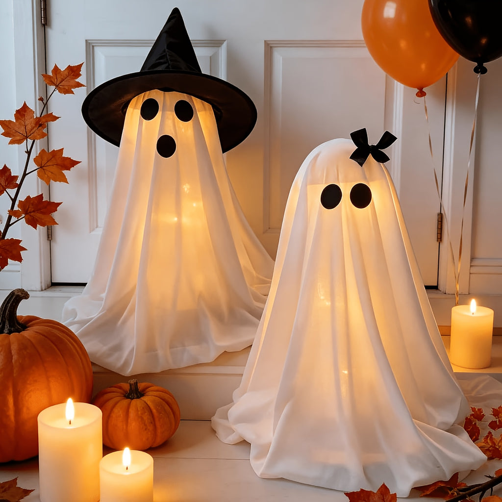 Witch Hat Ghost Decorations, Two-Piece Lighted Halloween Display Set with String Lights in White Ghost or Warm Color Options for Seasonal Home and Party Decor