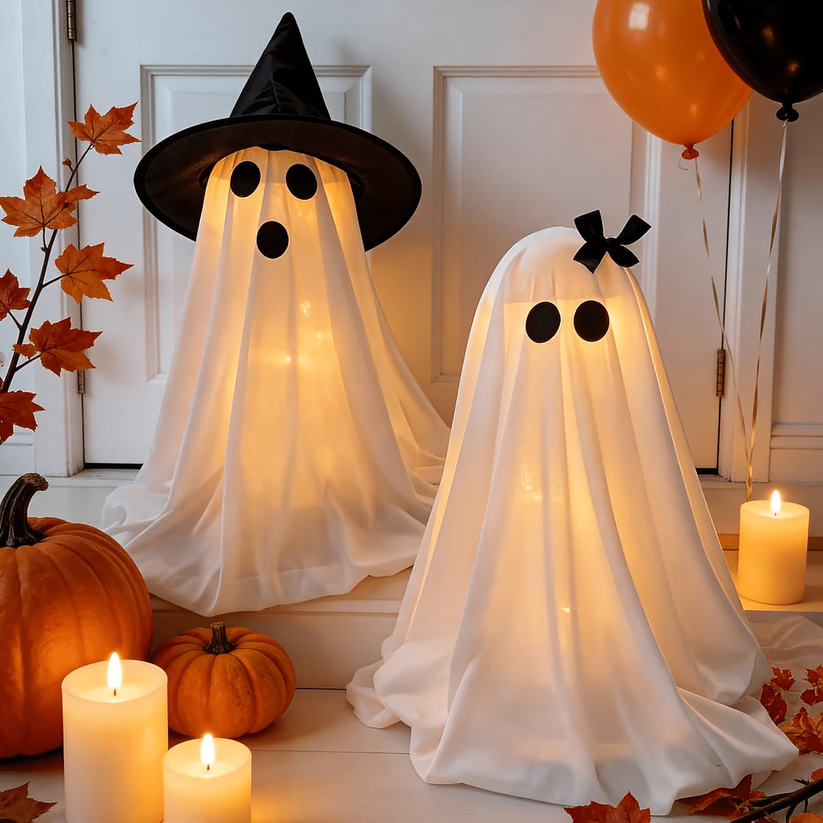 Witch Hat Ghost Decorations, Two-Piece Lighted Halloween Display Set with String Lights in White Ghost or Warm Color Options for Seasonal Home and Party Decor