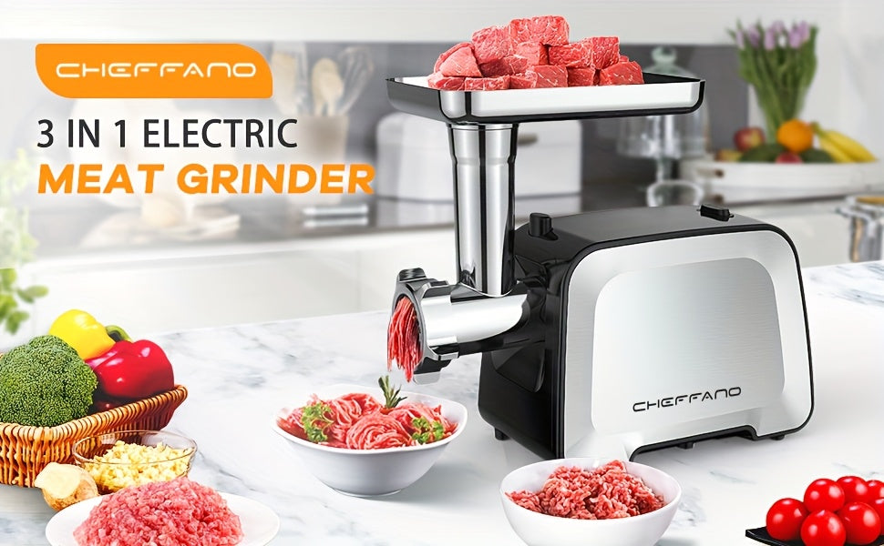 Electric Meat Grinder TE-090 with Two Blades, Two Cutting Plates and Sausage Stuffer Tube, Listed Stainless Steel Design with Reverse Button and Removable Accessories
