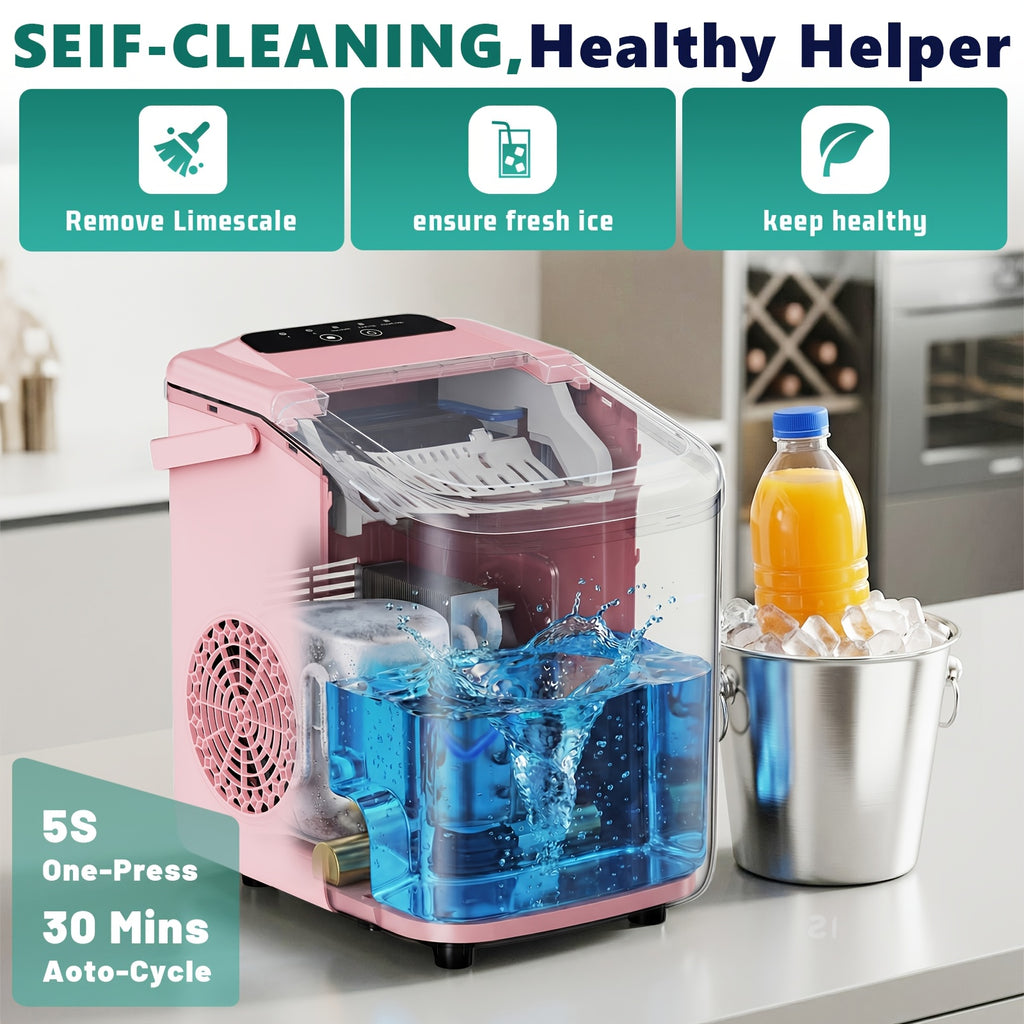 White Bullet Ice Maker with Carry Handle, Self-Cleaning Function, Ice Scoop and Basket, Listed Nine-Cube Six-Minute Cycle for Kitchen, Office and Party Drinks