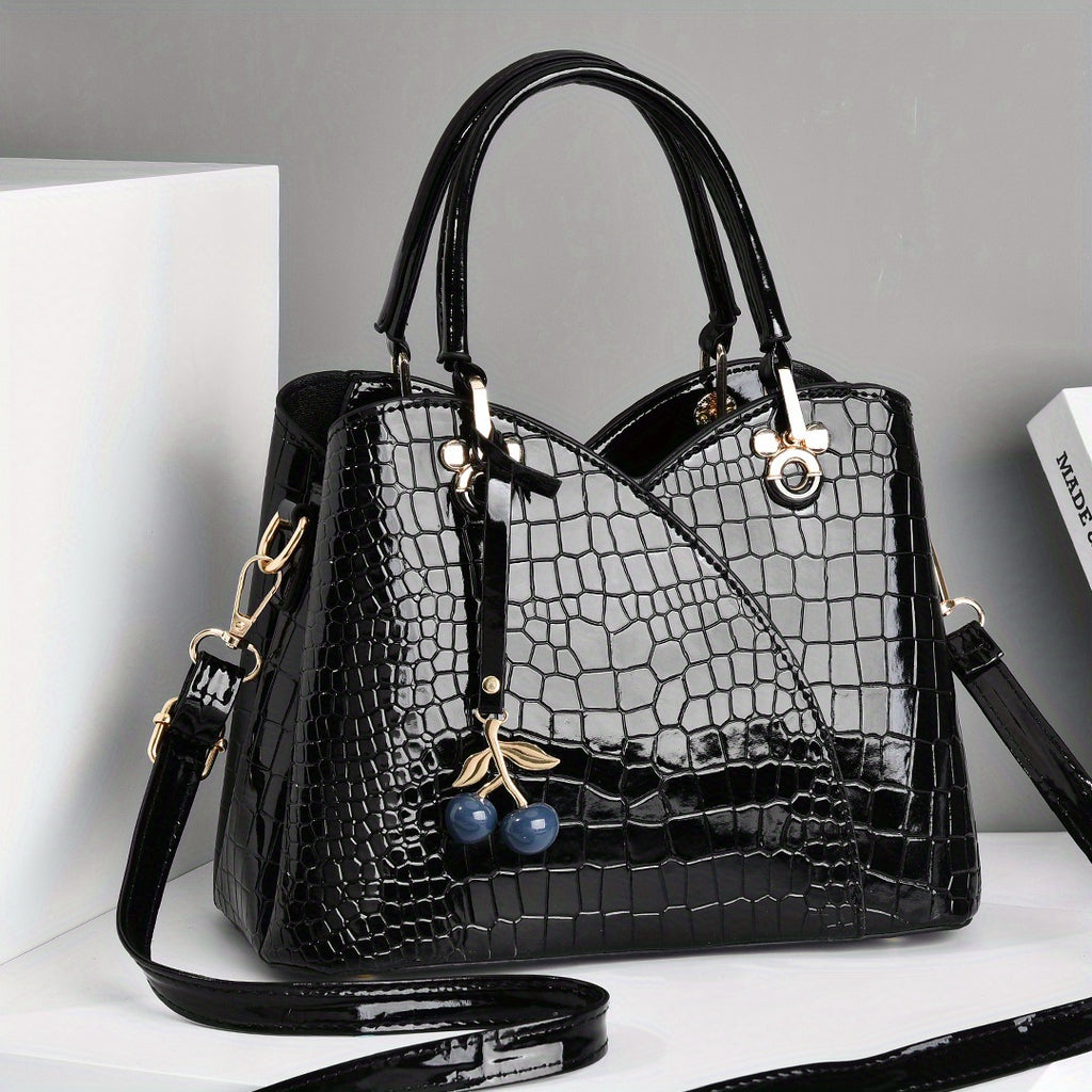 Faux Crocodile Texture Handbag, Women's Burgundy or White Fashion Bag with Cherry Pendant, Zipper Closure and Polyester Lining for Shoulder and Crossbody Styling