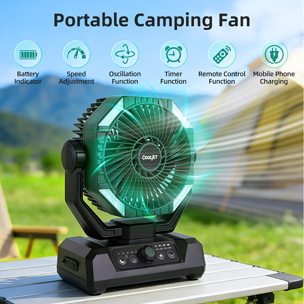 CoolJet Portable Camping Fan with Listed 20000mAh Battery, Variable Speed and 18-LED Light with Three Dimming Levels, Fern Green or Orange Airflow Options