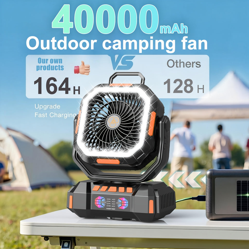 Cordless Oscillating Camping Fan with 40000mAh Rechargeable Battery, 4 Speeds and LED Lantern for Tent Airflow, RV Travel, Picnics and Home Power Outages