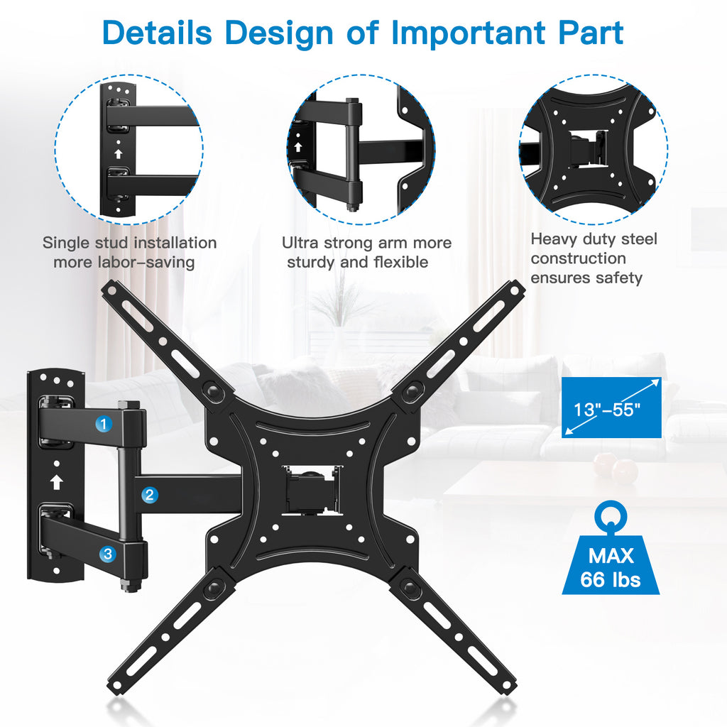 Full Motion TV Wall Mount in Black with Swivel Extension Arm, Tilt and Leveling, 26–55 or 26–60 Inch Options, Listed Maximum VESA 400 x 400mm