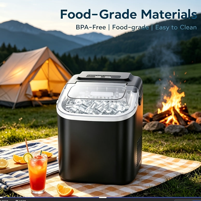 Carry-Handle Countertop Ice Maker with Bullet or Nugget Ice Option Labels, Self-Cleaning Wording, Basket and Scoop for Kitchen and Office Drink Preparation