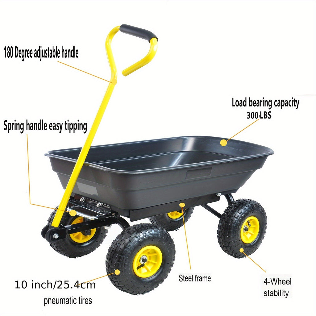 Poly Garden Dump Cart with Steel Frame, Listed 10-Inch Pneumatic Tires and 180-Degree Swivel Handle, Black or Green Option Labels for Lawn and Yard Supply Transport