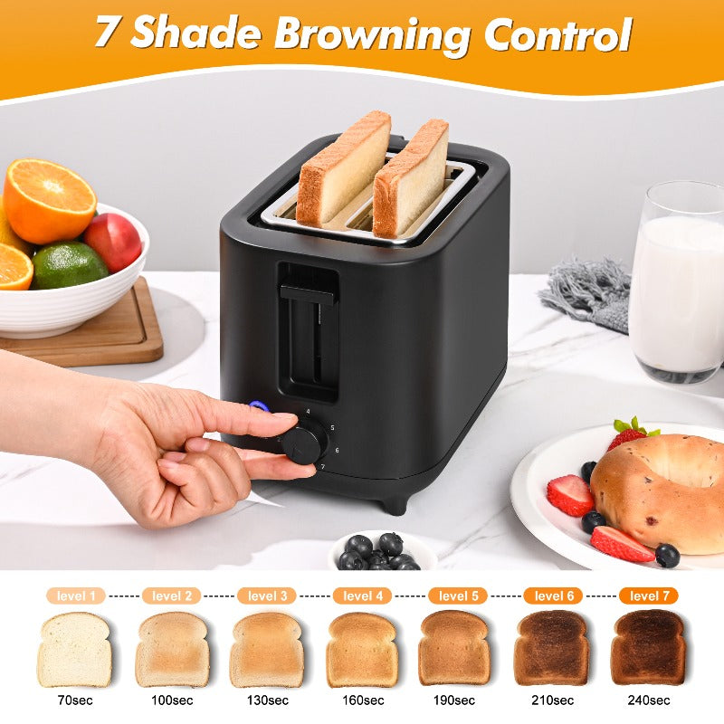 Compact 2 Slice Toaster by TomaChef, 700W with 7 Browning Settings and Removable Crumb Tray for Bread, Bagels and Waffles, Pitch-Black or Off-White