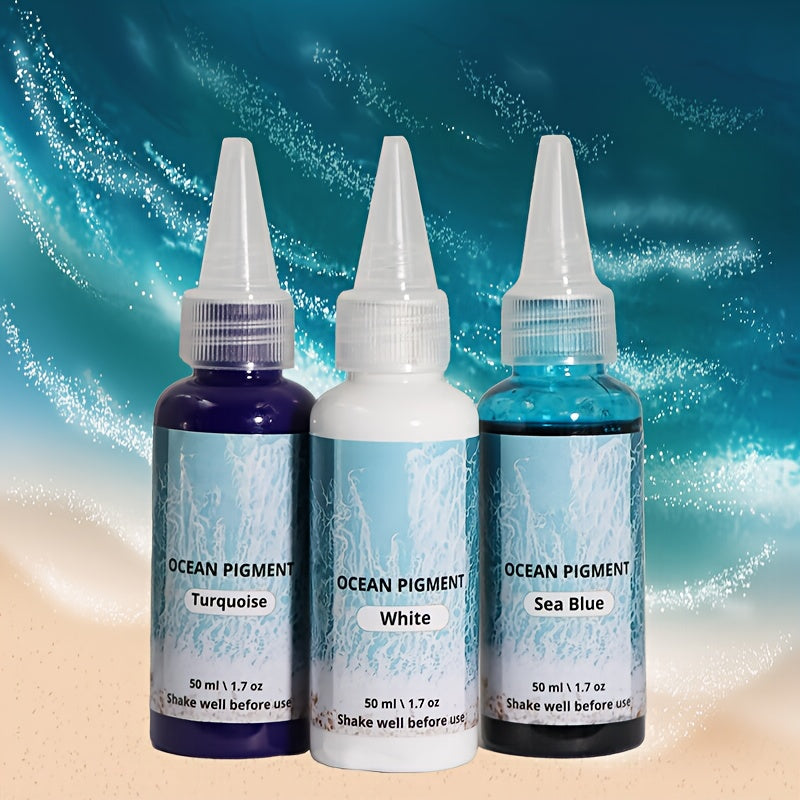 Ocean Wave Resin Paint Set with White, Sea Blue and Deep Blue Colors, Listed 1.69oz per Bottle and Oil-Based Pigment Reference for Compatible Decorative Resin Crafts