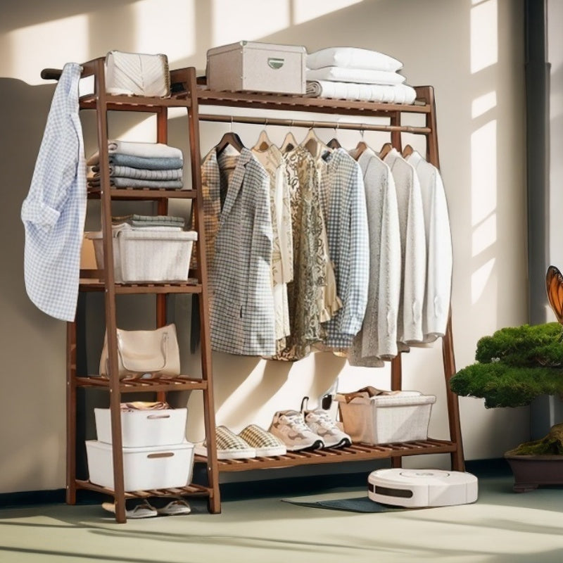 Bamboo Garment Rack with Adjustable Shelves, Five Side Storage Racks and Hat Hooks for Bedroom Organization, Brown or Nature with Four Size and Bag Option Labels