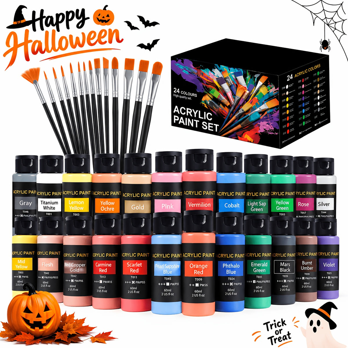 Beginner Acrylic Paint Set with 24 Colors and 12 Art Brushes, Listed 2.03 oz Option for Canvas Painting, Decorative Ceramic Projects and Fabric Crafts