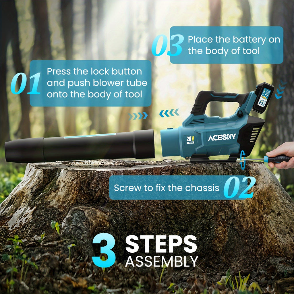 Three-Speed Cordless Leaf Blower with Extension Nozzle and Shoulder Strap References, Blue, Green, Yellow or 420CFM One-Battery Labels for Outdoor Yard Cleanup