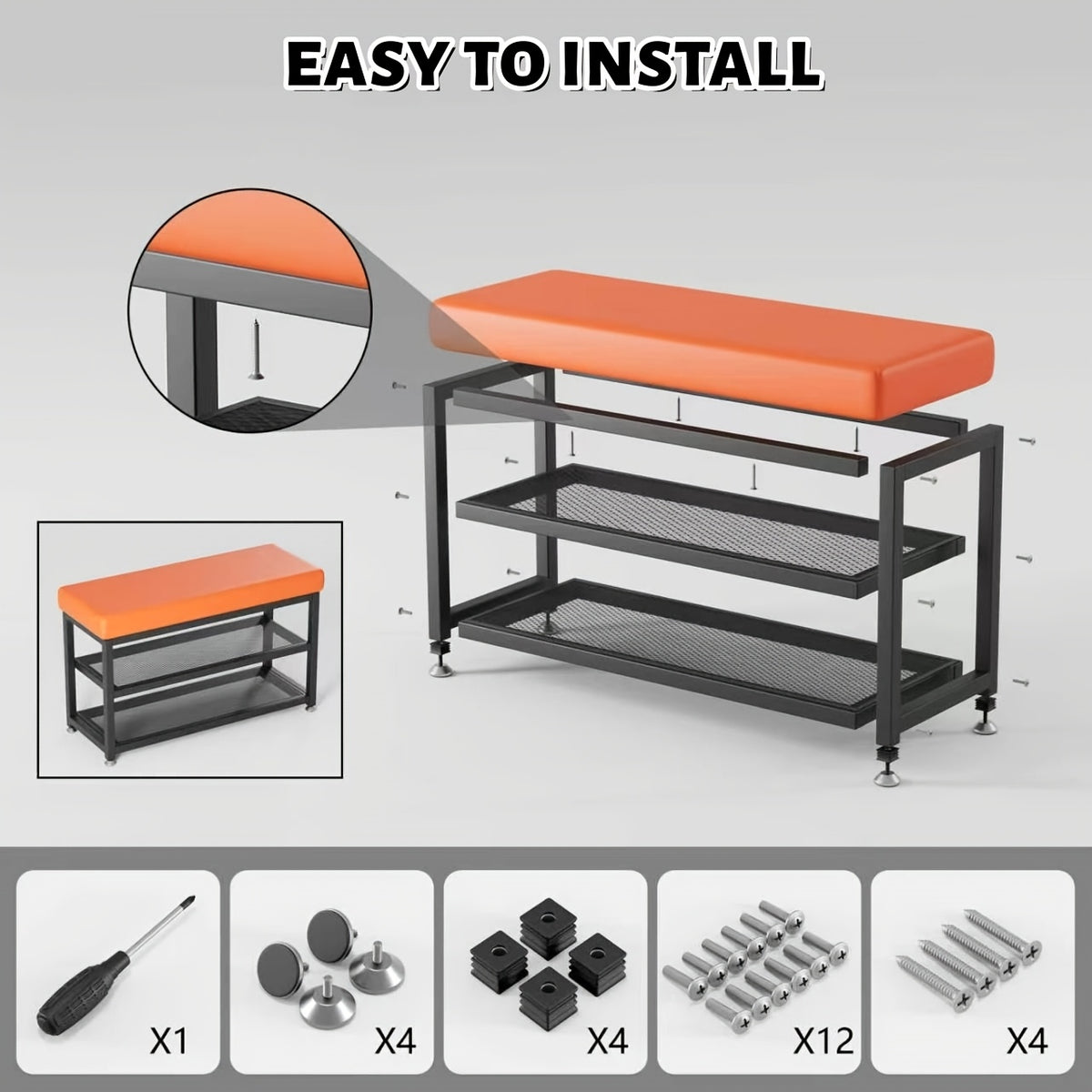 Cushioned Shoe Storage Stool with Metal Frame and Shoe Rack for Entryway, Hallway and Bedroom Organization, Orange or Gray in Large and Small Options