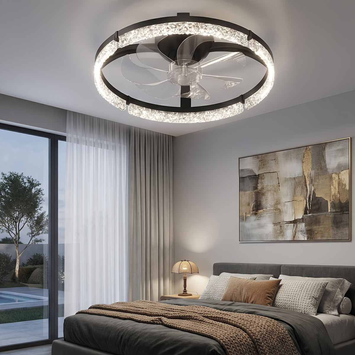 20-Inch Dimmable Ceiling Fan Light with Remote, Low-Profile Flush-Mount Fandelier with Listed 3000K–6000K LED in Black or White for Bedroom and Living Room