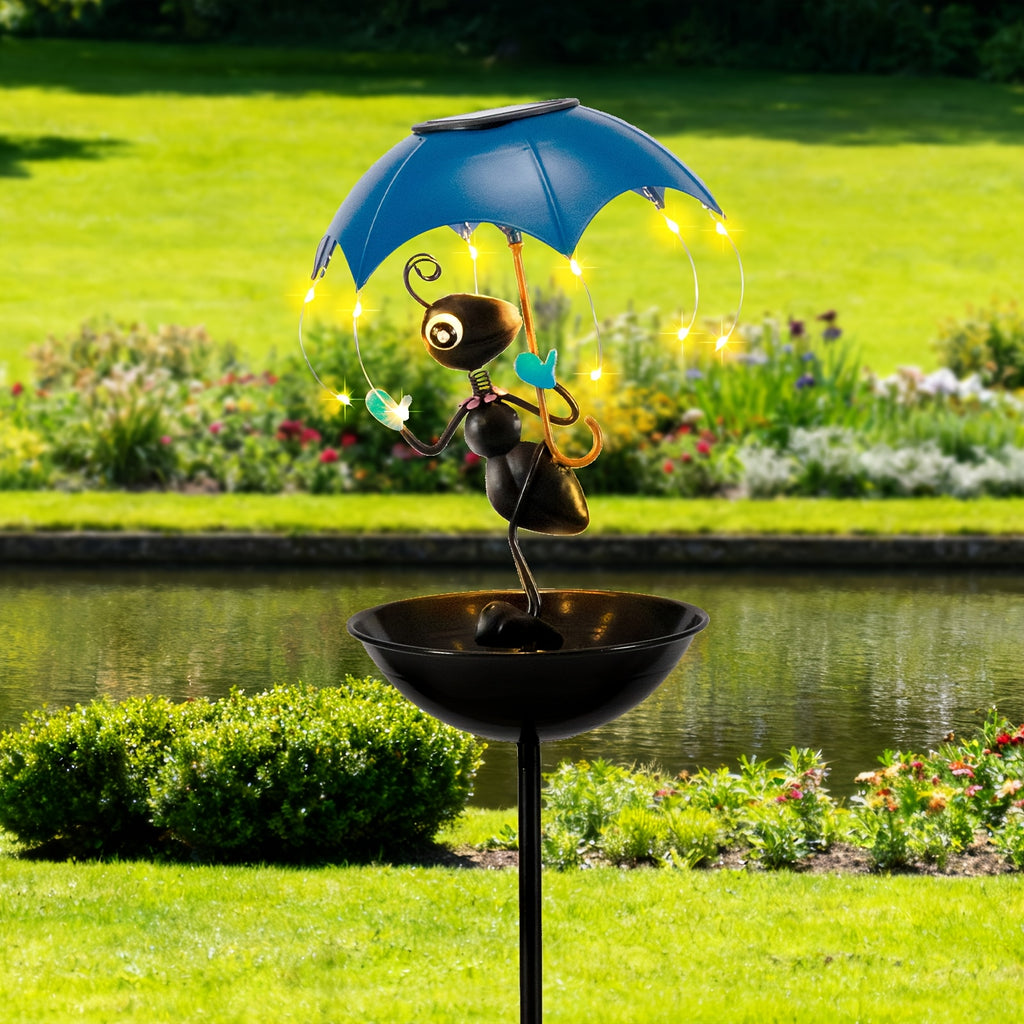 Solar Garden Decoration with Listed LED Light String and Bird Feeder Wording, Single Black Ant Option Label for Outdoor Lawn, Terrace and Pathside Displays