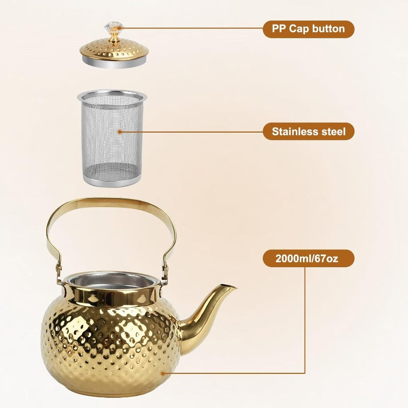 Hammered Stainless Steel Teapot with Strainer, 40.58oz Loose Leaf Tea Kettle in Gold or Silver for Home Tea Brewing & Tea Lover Gifts