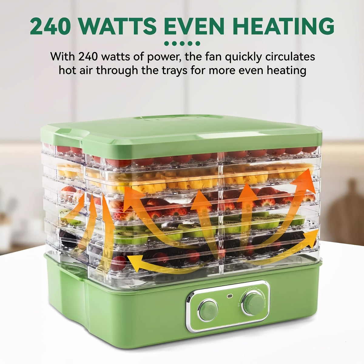 Stackable Food Dehydrator for Fruit, Vegetables and Herbs, Listed Five-Tray 240W Temperature-Control Model with Green, Silvery and Eight-Tier Option Labels