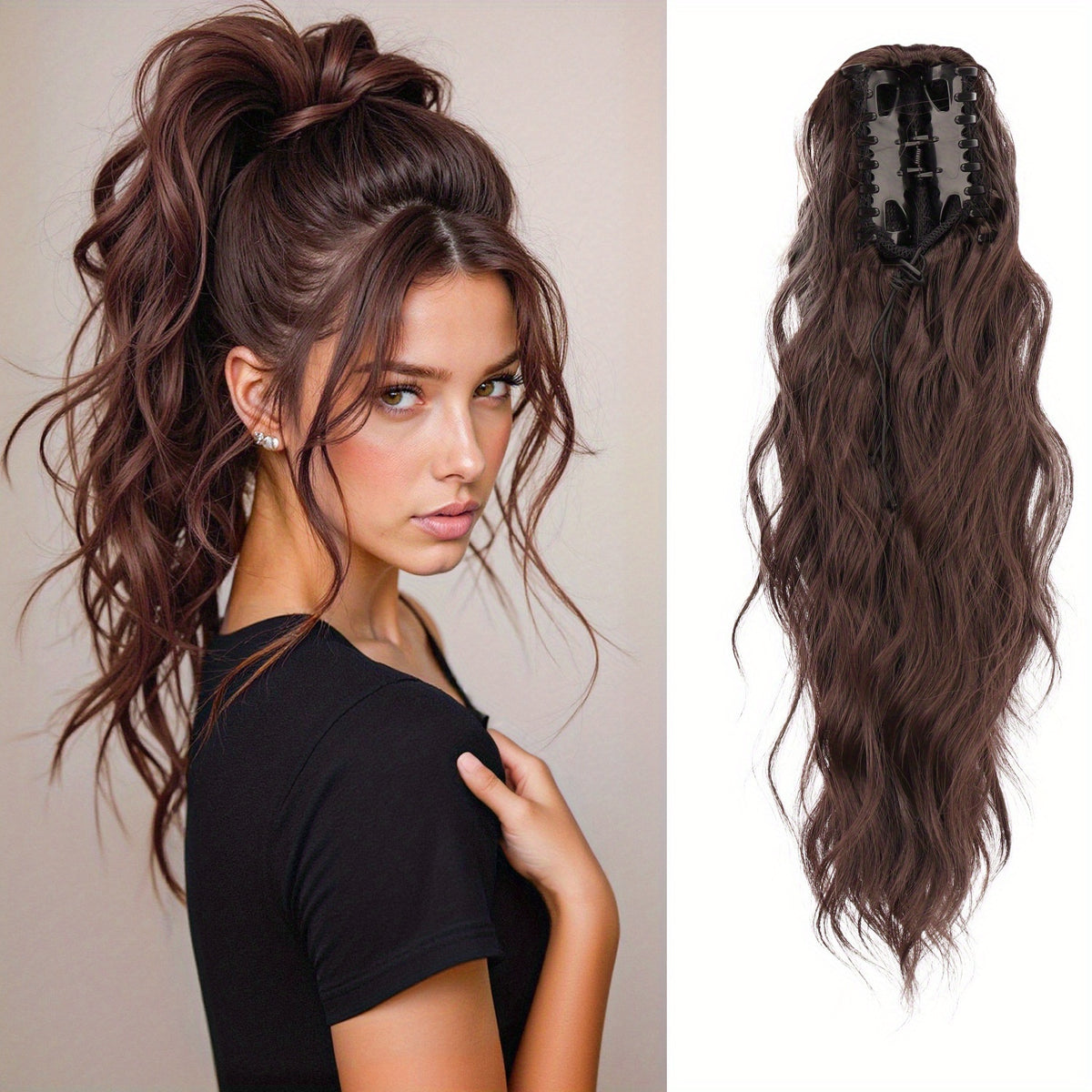 16-Inch Water Wave Ponytail Extension for Women, Synthetic Curly Hairpiece with Clip Attachment and Multiple Color Options for Daily Wear and Parties