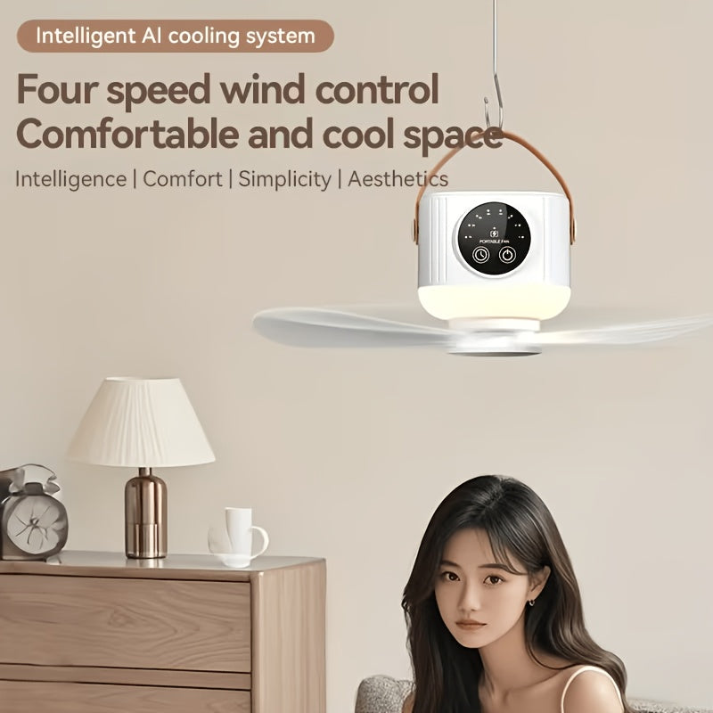 Tripod Camping Fan in White with USB Power, Adjustable Airflow and Light Brightness, Removable Blades and Portable Design for Tents, Bedrooms and Dorms