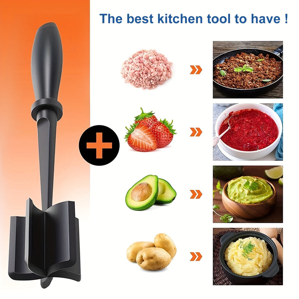 Nylon Ground Meat Chopper Set of 2 with Five Beveled Pinwheel Blades and Non-Slip Handle, Manual Hamburger Masher and Mixing Tool in Black, Green or Red