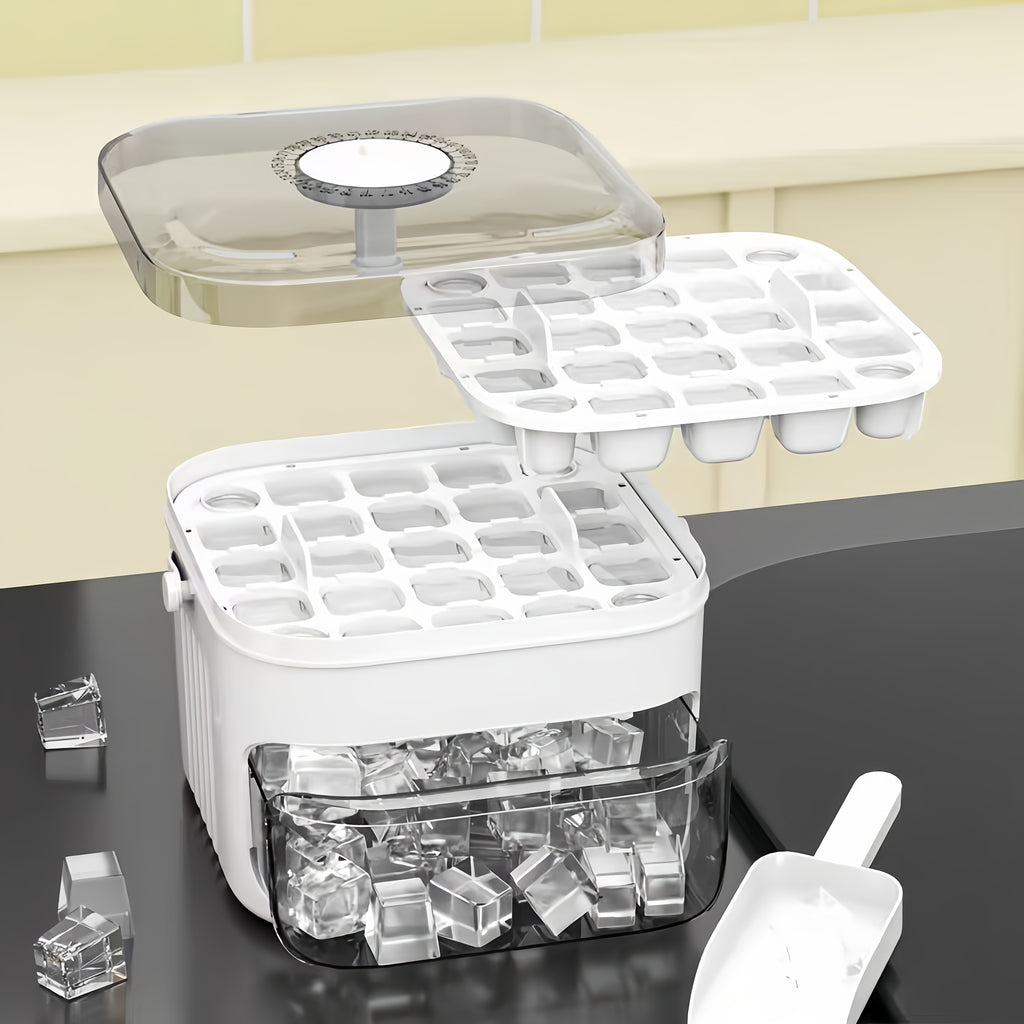 Press-Style Ice Cube Mold and Storage Box, White Dual-Layer Design with Listed Lid for Homemade Ice Preparation and Storage in Compatible Freezer Spaces