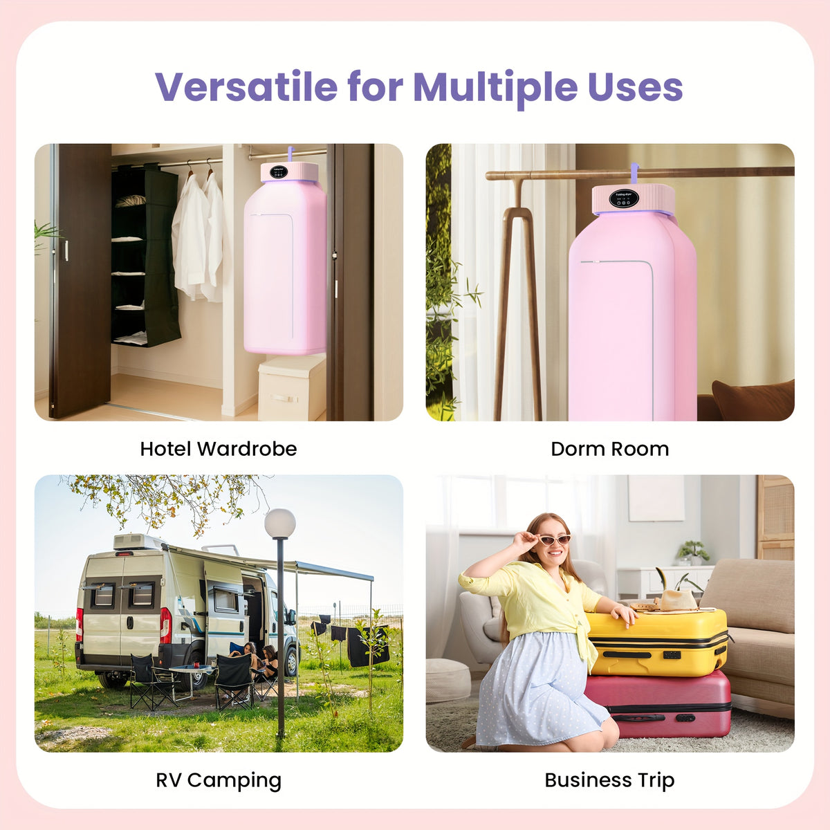 Foldable Portable Clothes Dryer with Timer and Listed Built-In LED UV Feature, Compact Laundry Care Machine in Pink, Khaki or Purple for Apartment, Travel and RV Use