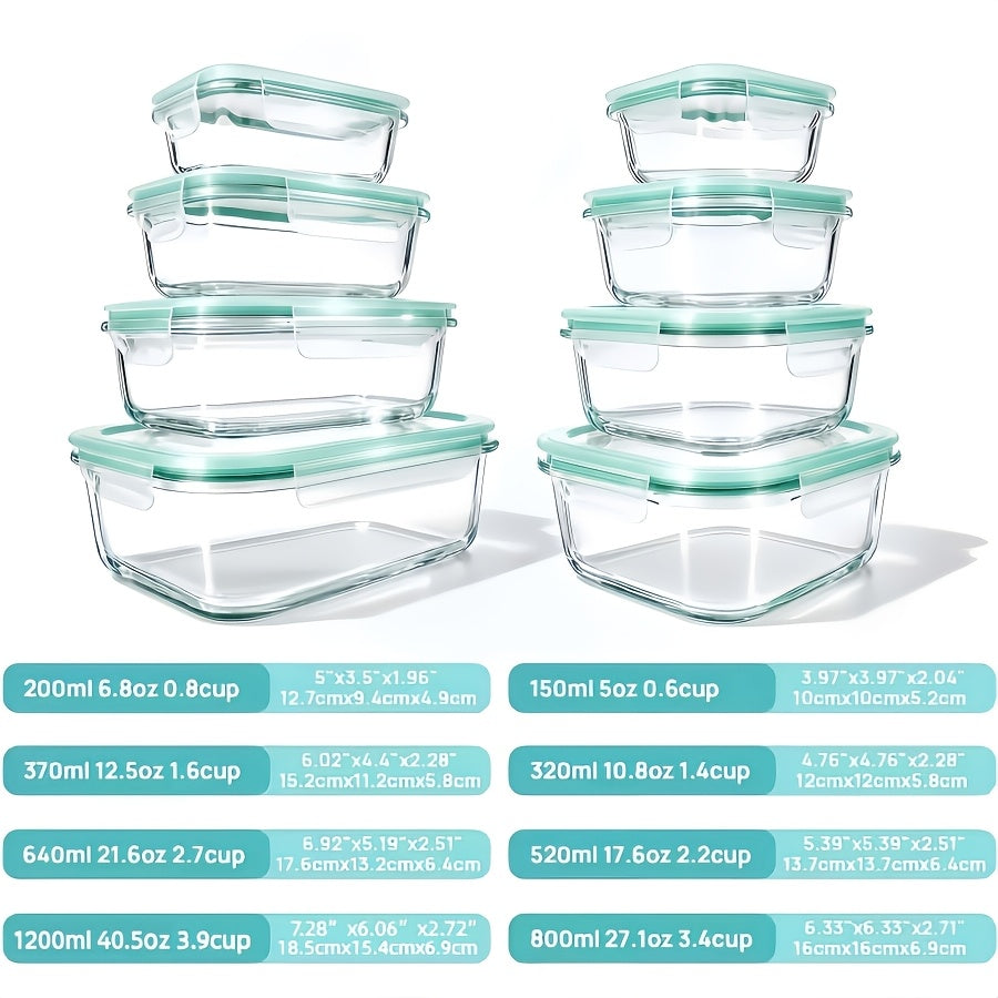 Glass Food Storage Container Set with 8 or 10 Containers and Matching Lids, Blue, Pink or Green Options for Lunch Portions and Refrigerator Organization