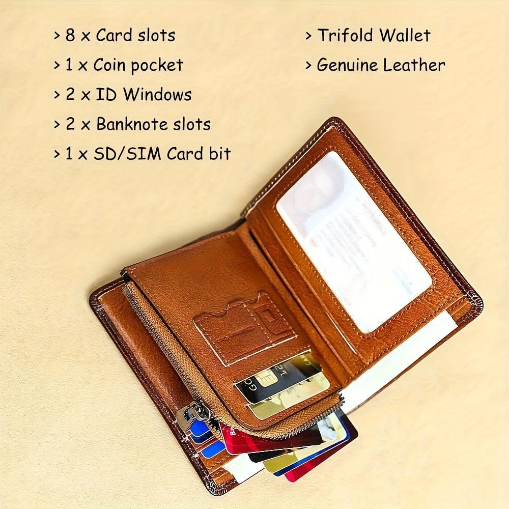 Trifold Leather Wallet for Men with Eight Card Slots, Two ID Windows, Coin Pocket and Two Banknote Sections, Yellow Brown, Black or Coffee Color for Daily Carry
