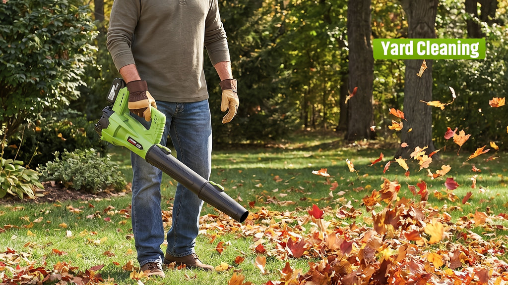 Extension Nozzle Leaf Blower with Non-Slip Handle, Green 4000mAh or Yellow 2000mAh One- and Two-Battery Options for Outdoor Leaf Cleanup and Yard Maintenance