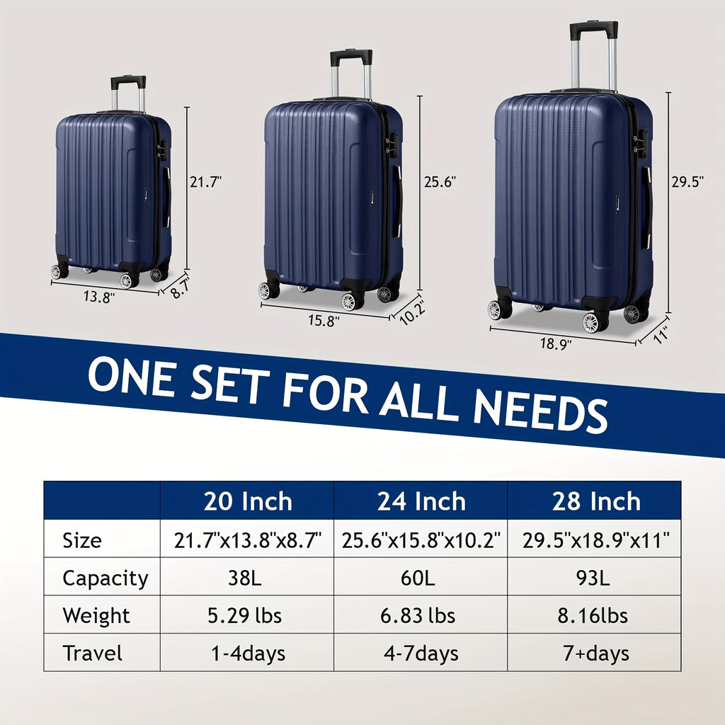 3-Piece Luggage Set with 20, 24 and 28-Inch Suitcases, Lightweight Scratch-Resistant Travel Cases for Vacation Packing with Multiple Color and Lock Options