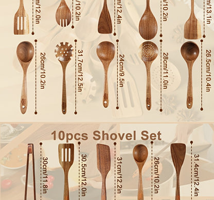 Wooden Cooking Utensils Set, 10-Piece Teak Kitchen Spoon and Spatula Tool Options for Everyday Stirring, Mixing and Meal Preparation in Home Kitchens