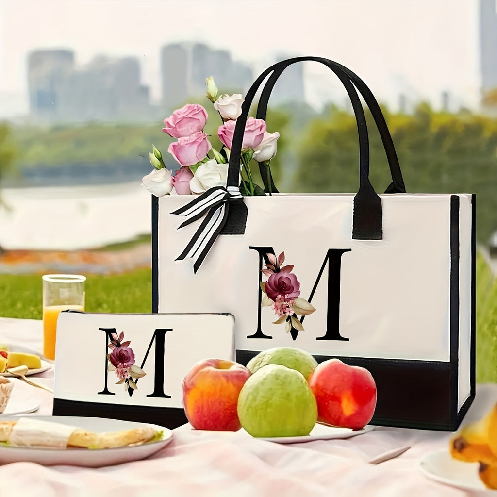 Initial Tote Bag Set for Women with Makeup Storage Bag, Two-Piece Reusable Beach and Shopping Carry Set with Letter Options for Travel and Gifts