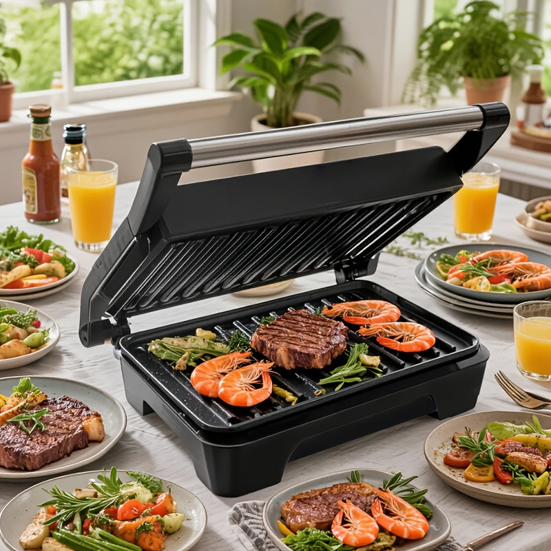 Double-Sided Electric Grill with Black Square Design and Listed Upper and Lower Heating, Panini and Sandwich Cooking Wording for Everyday Home Kitchen Meal Preparation