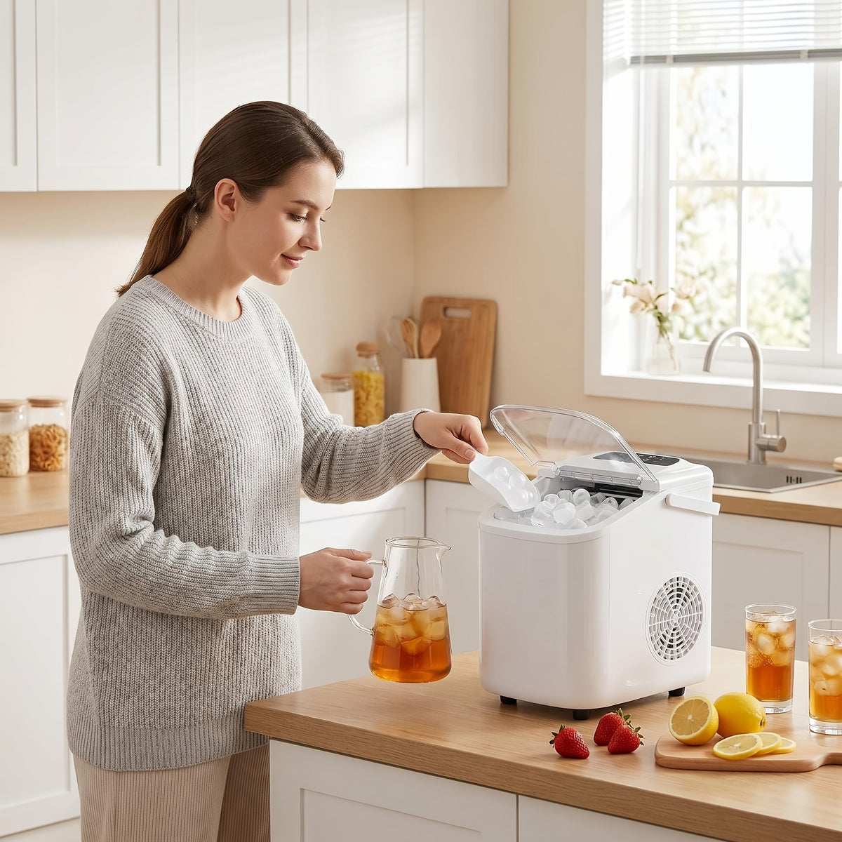 Carry-Handle Ice Maker with Basket and Scoop, Listed 26lb Daily Output and Nine Bullet Cubes in 6–8 Minutes, Black or White 40.58oz-Labeled Options