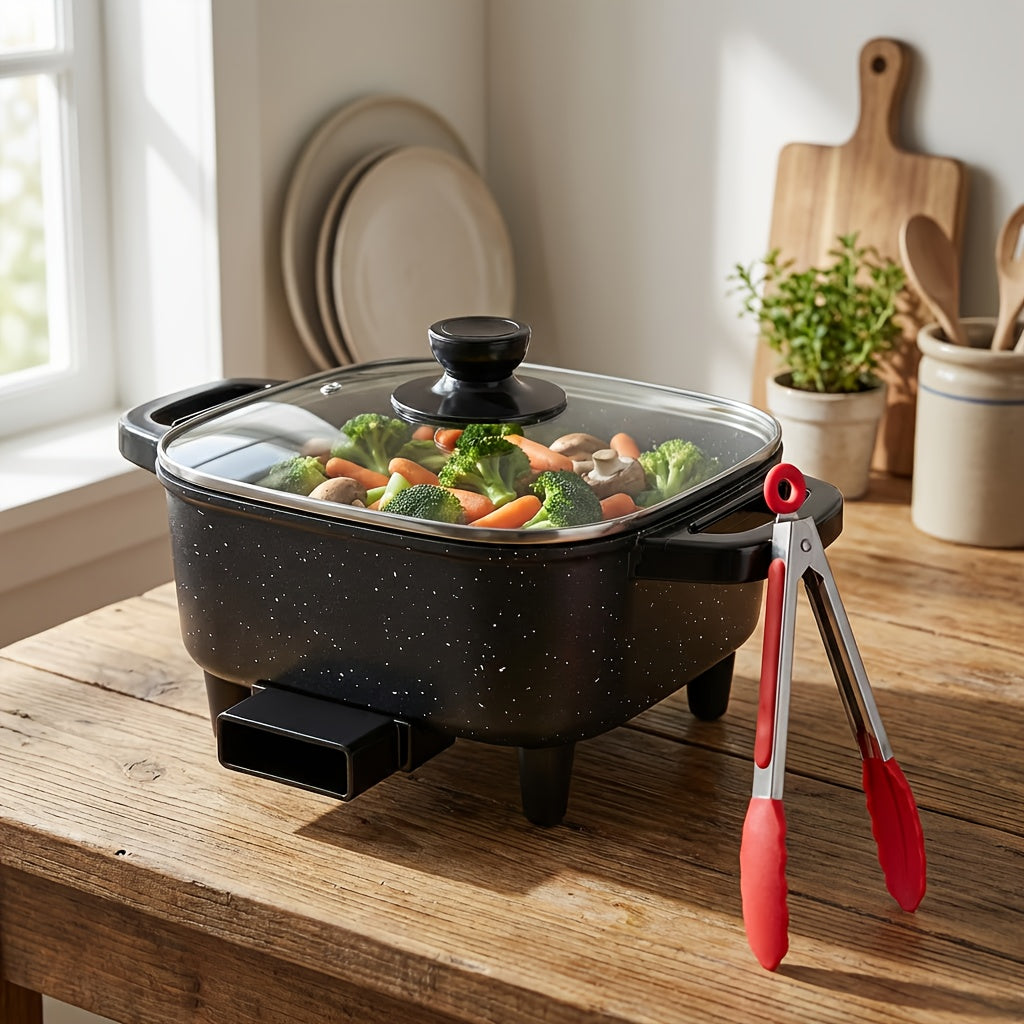 Square Mini Electric Cooking Pot with Listed 8-Inch Size, Nonstick Speckled Coating and Glass Lid, Regular, Upgraded Utensil Bundle and Red Enamel Model Labels