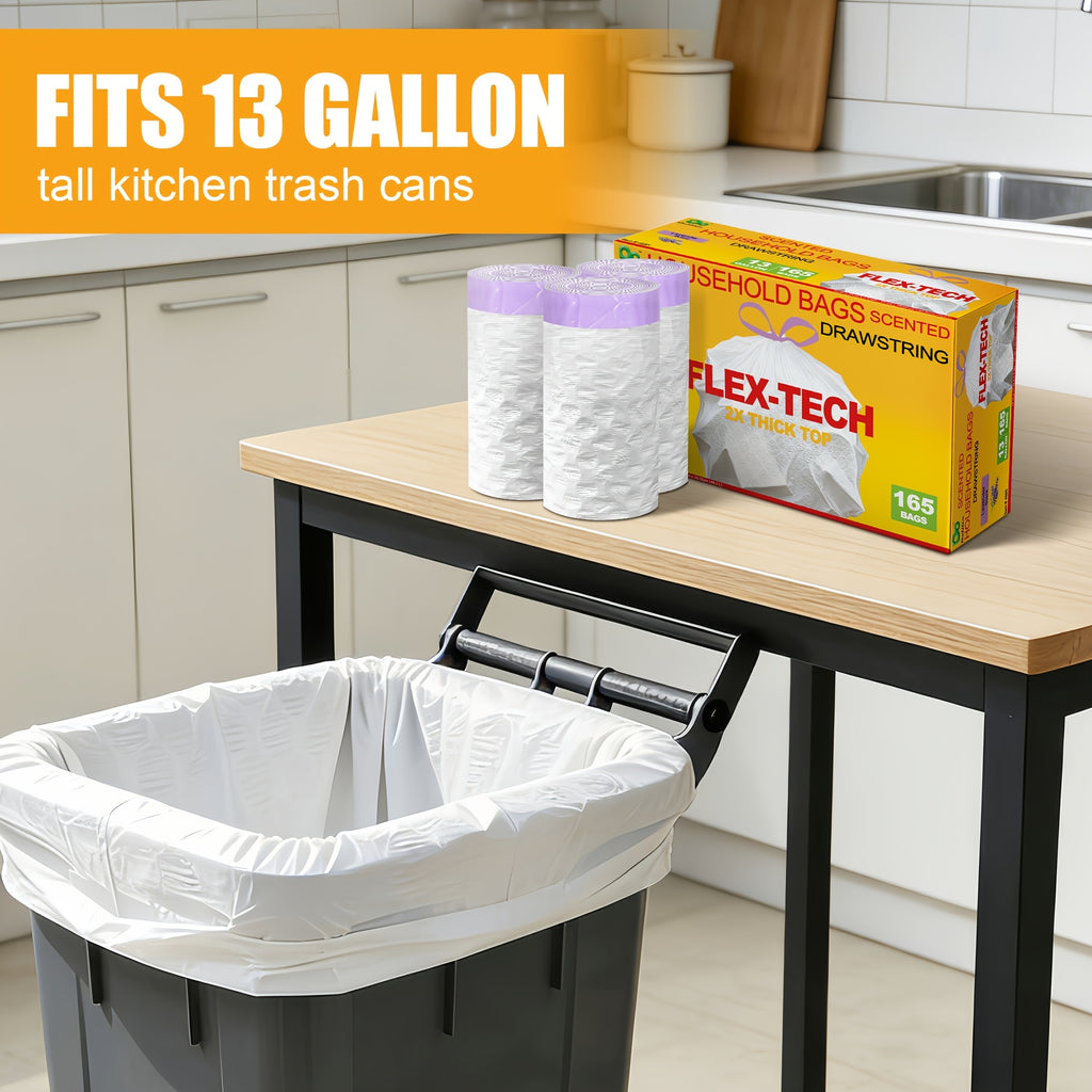 Lemon Scented Drawstring Trash Bags 13 Gallon, White Disposable Kitchen Bin Liners with Boxed Packaging Reference and 20, 55, 110 or 165 Quantity Labels