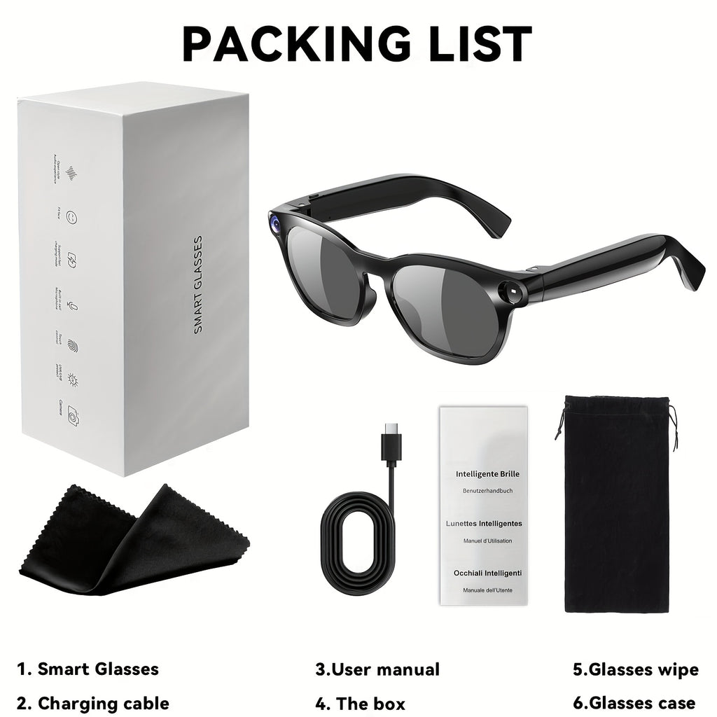 AI Camera Glasses in Black with Photochromic Lens Option, Listed 8MP Camera, 320mAh Battery, Touch-Control Audio, Calls and Translation for Travel and Work
