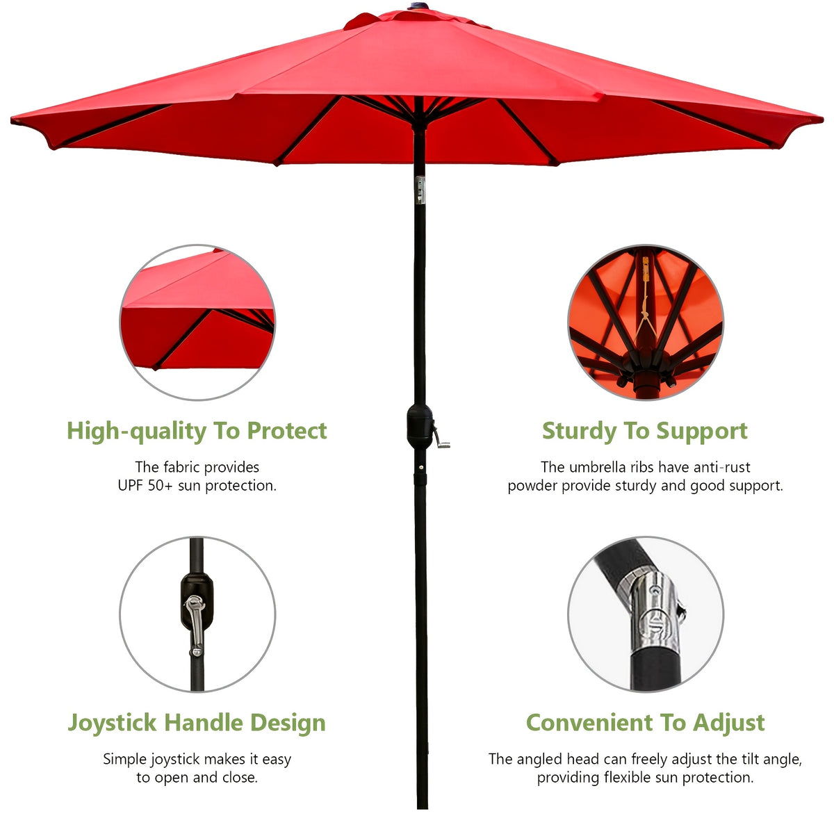 9ft Market Patio Umbrella with Six Ribs, Outdoor Sun Shade in Red, Khaki or Yellow for Garden Seating, Balcony, Deck and Poolside Relaxation