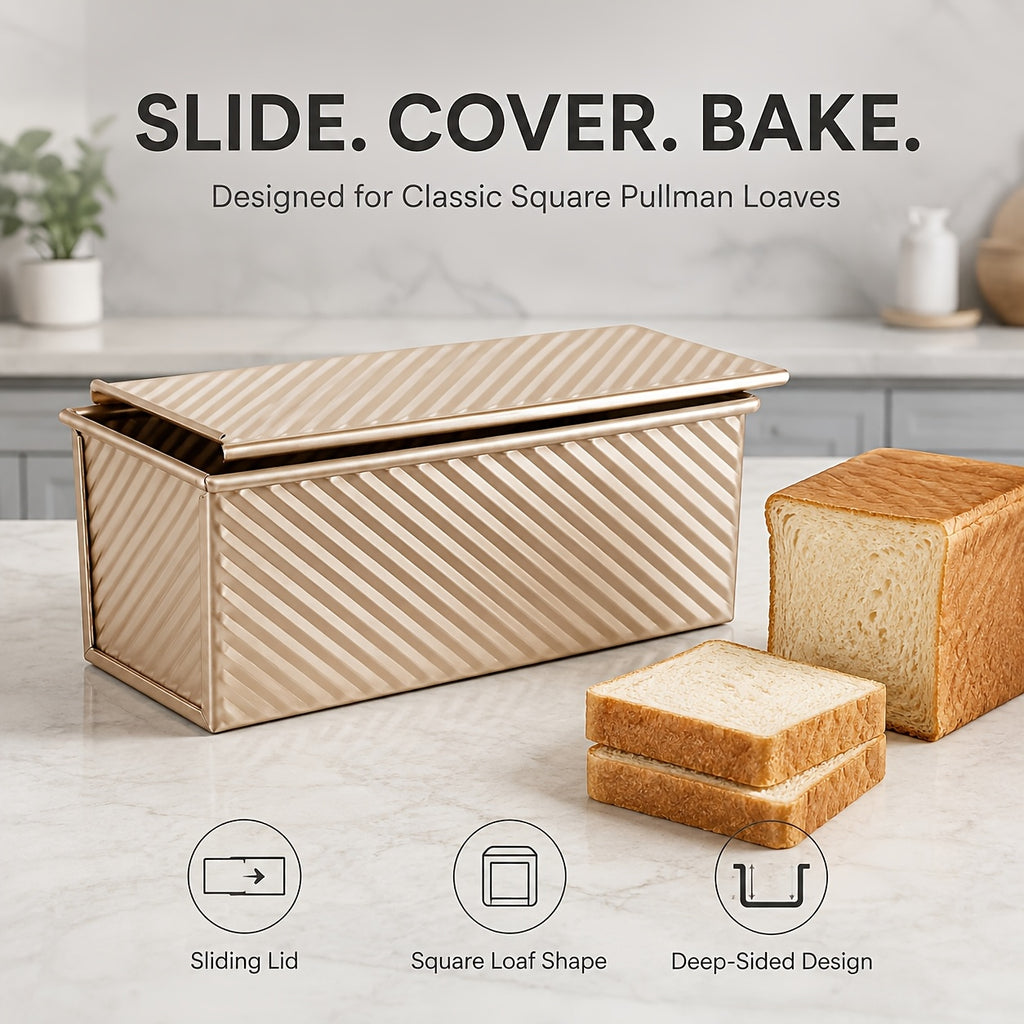 Pullman Loaf Pan Set with Lids, Golden Nonstick Corrugated Carbon Steel Bread Pans in Listed 2.2 LB and 0.5 LB Sizes for Sandwich Bread, Sourdough and Toast