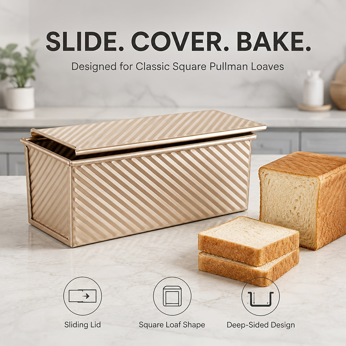 Pullman Loaf Pan Set with Lids, Golden Nonstick Corrugated Carbon Steel Bread Pans in Listed 2.2 LB and 0.5 LB Sizes for Sandwich Bread, Sourdough and Toast