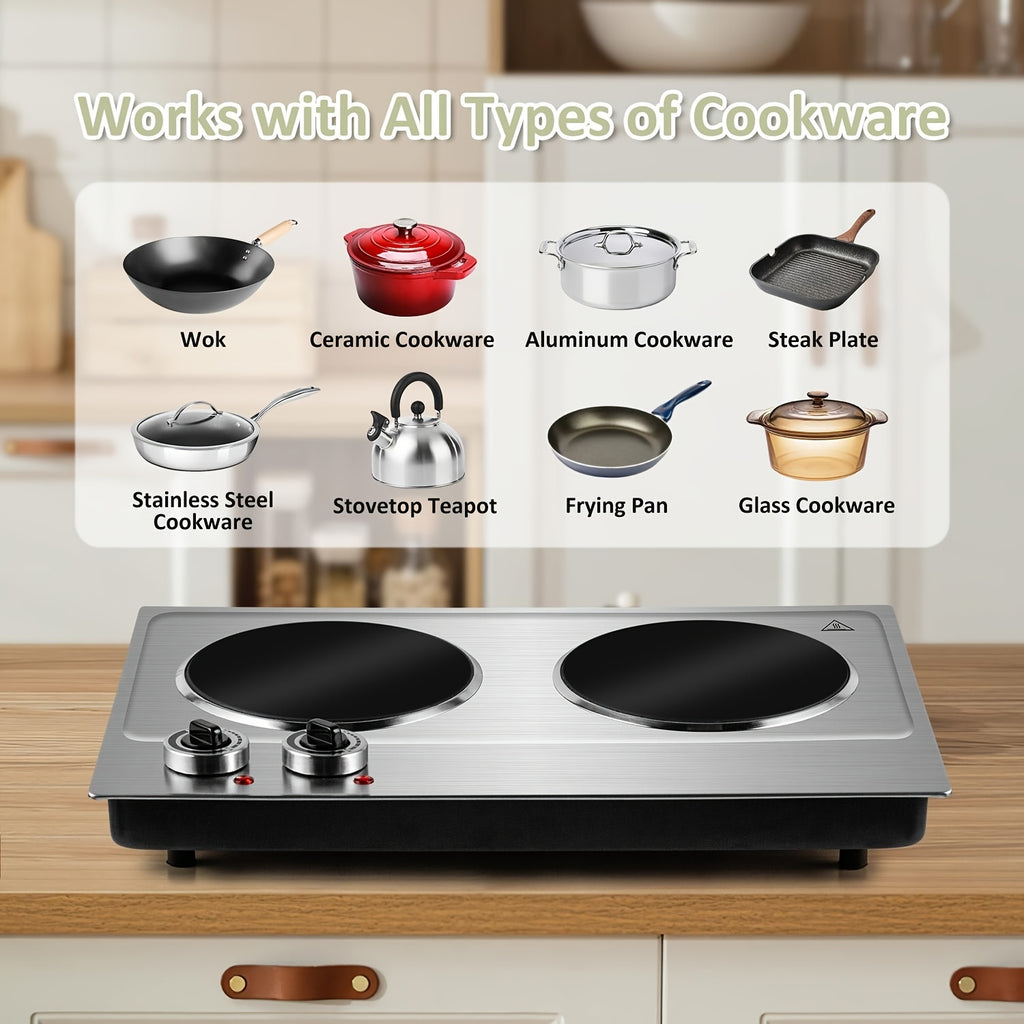 Electric Infrared Hot Plate by COKLAI with Listed 1800W Power, Double Burners and Dual Temperature Control in Black or Silvery for Countertop Cooking
