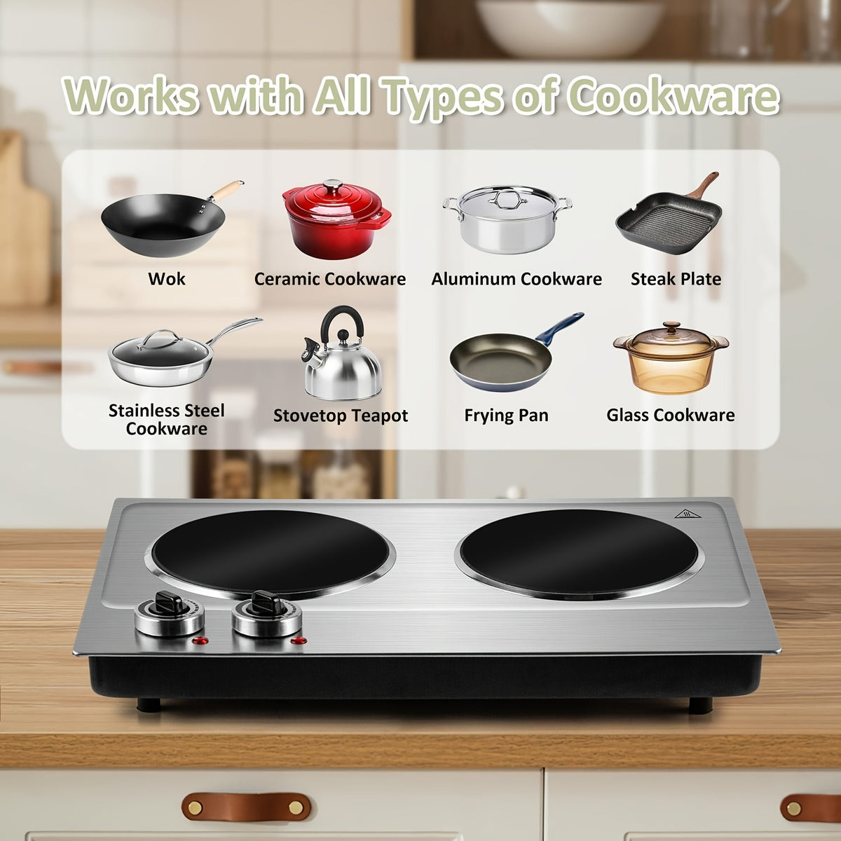 Electric Infrared Hot Plate by COKLAI with Listed 1800W Power, Double Burners and Dual Temperature Control in Black or Silvery for Countertop Cooking