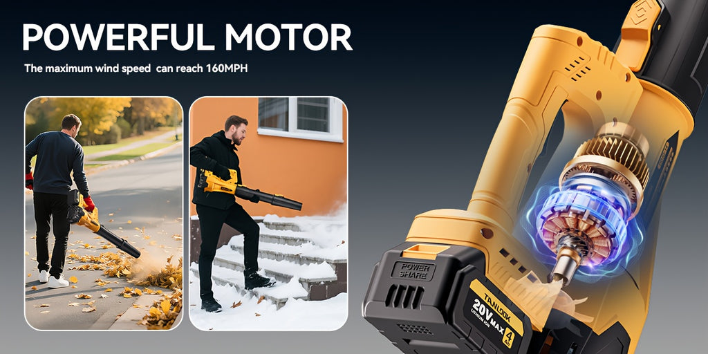 Extended-Nozzle Cordless Leaf Blower, Anti-Slip Handle with Yellow One- or Two-Battery Choices and Selected Six-Speed Models for Lawn, Patio and Yard Cleanup